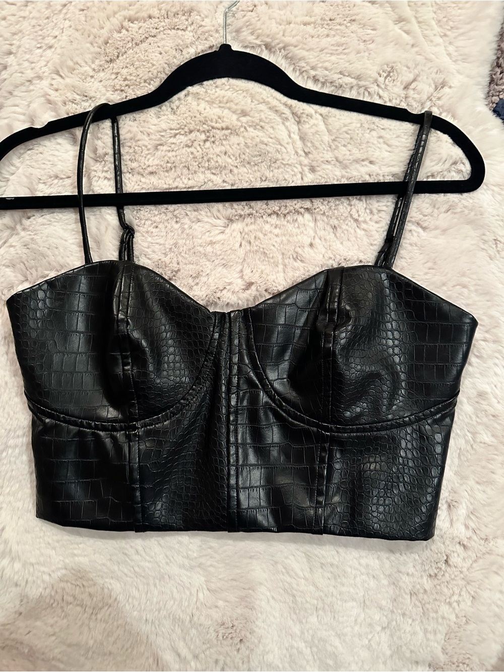 Express Black Croc-Embossed Faux Leather Bustier Crop Top